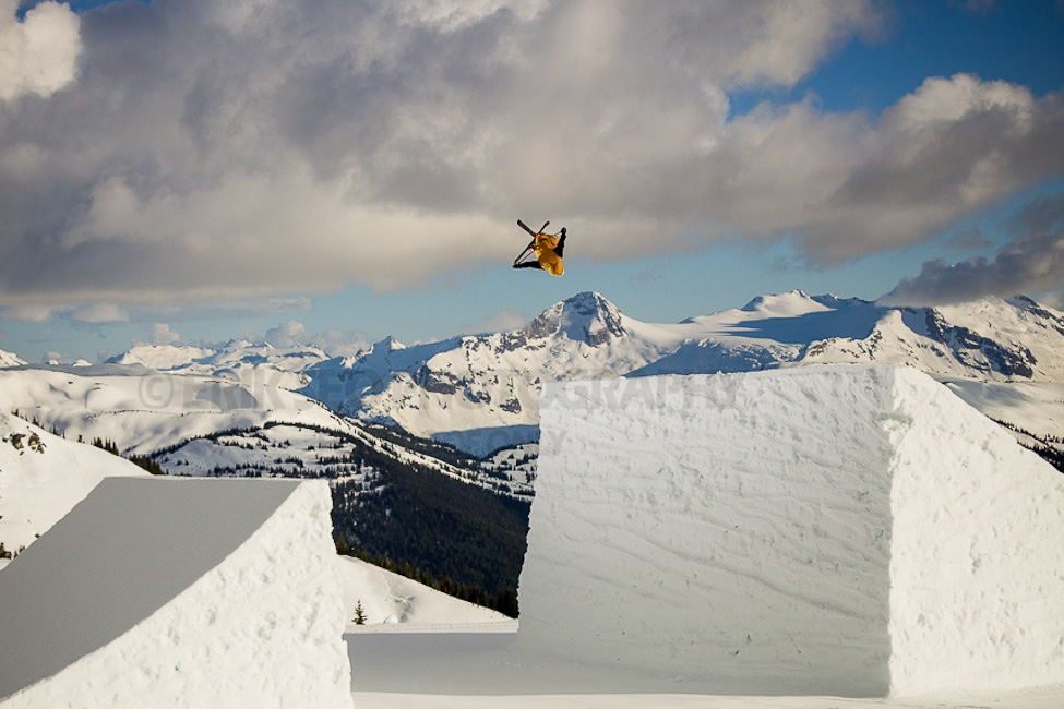 Chris Logan jumping at sunset at Blackcomb Mountain in Whistler,